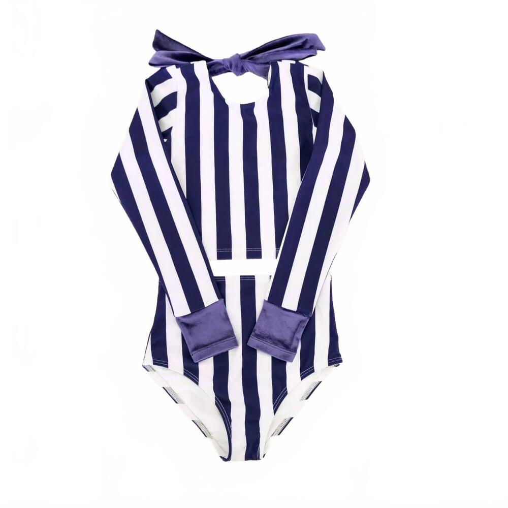 NEW SAINT IDA girl's long sleeve two piece swimsuit in nautical stripe blue